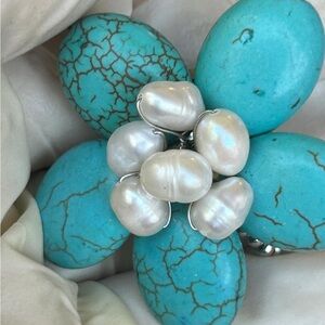Turquoise and Pearl Floral Ring